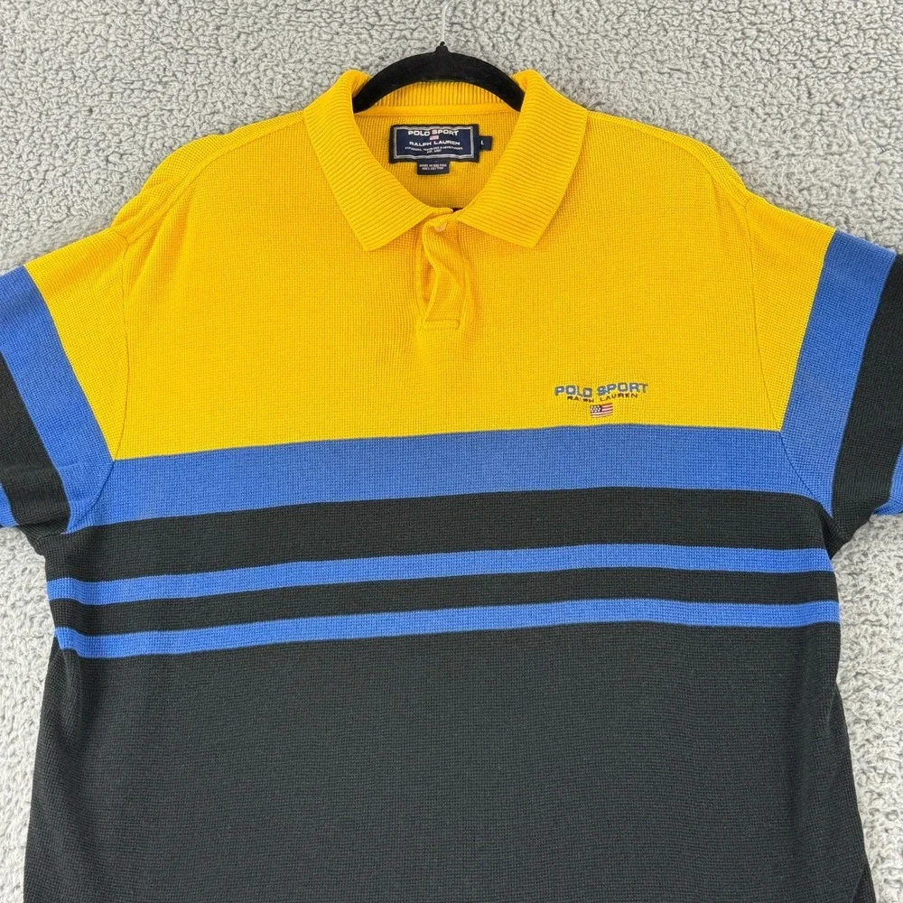 Ralph Lauren Polo Sport Shirt Men Large Yellow Black Stripe Short Sleeve Vintage